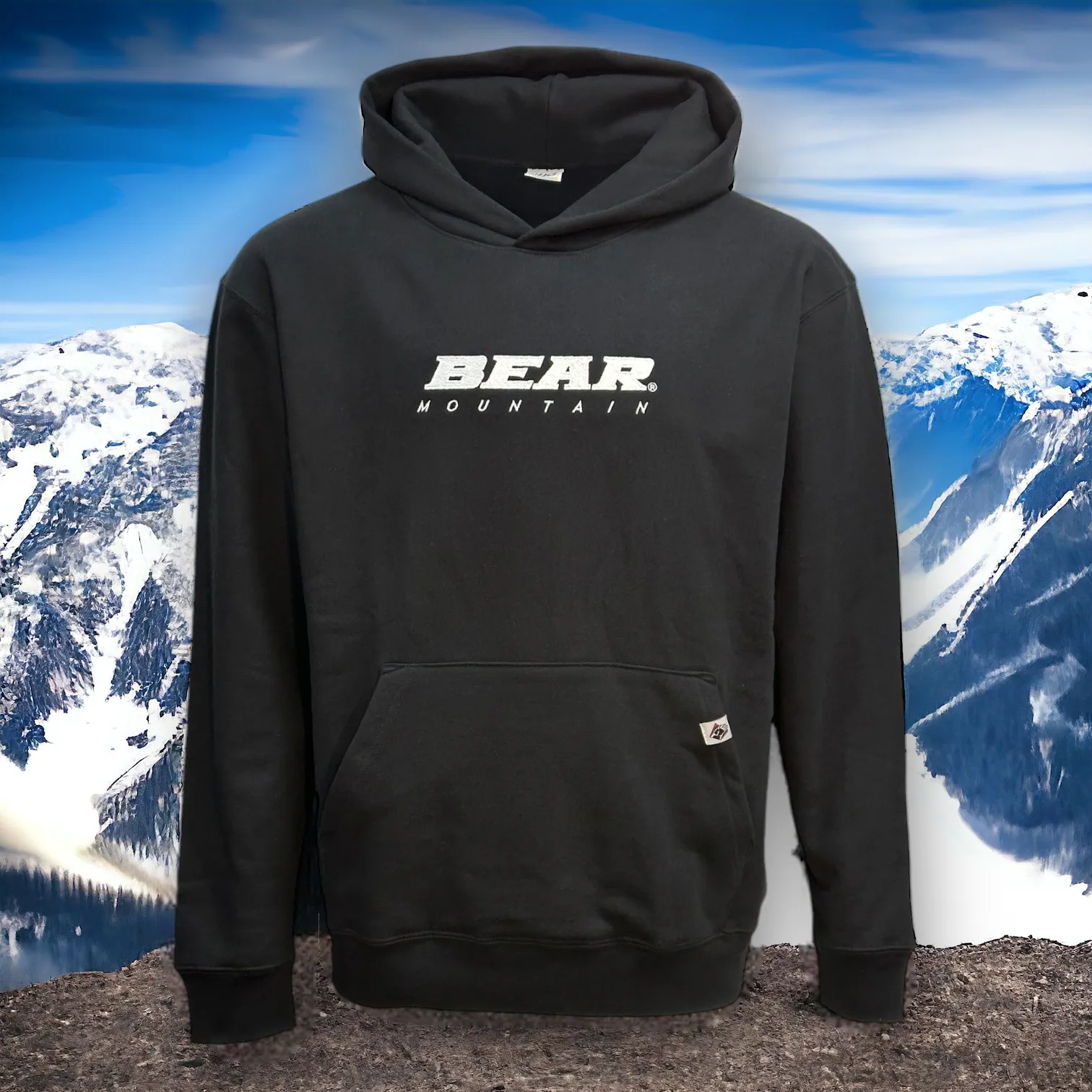 Black hoodie sweatshirt with BEAR MOUNTAIN embroidered logo on front